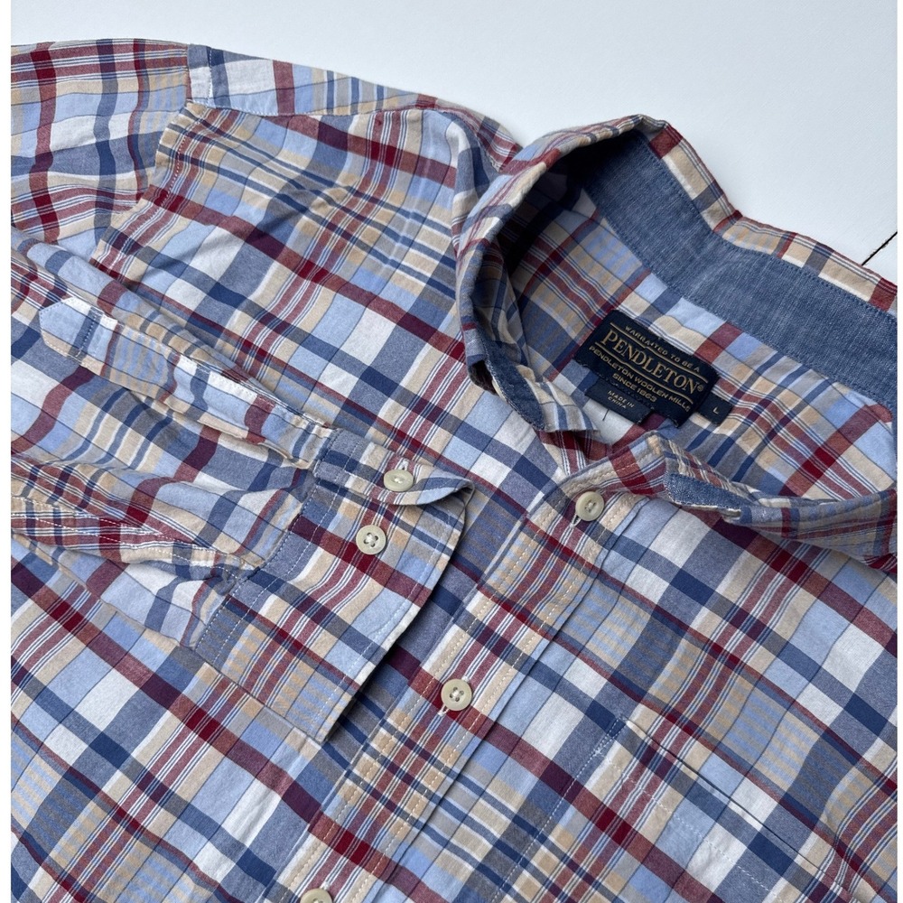 Pendleton Mens Blue Red Plaid Long Sleeve Button Down Shirt Large Regular Fit